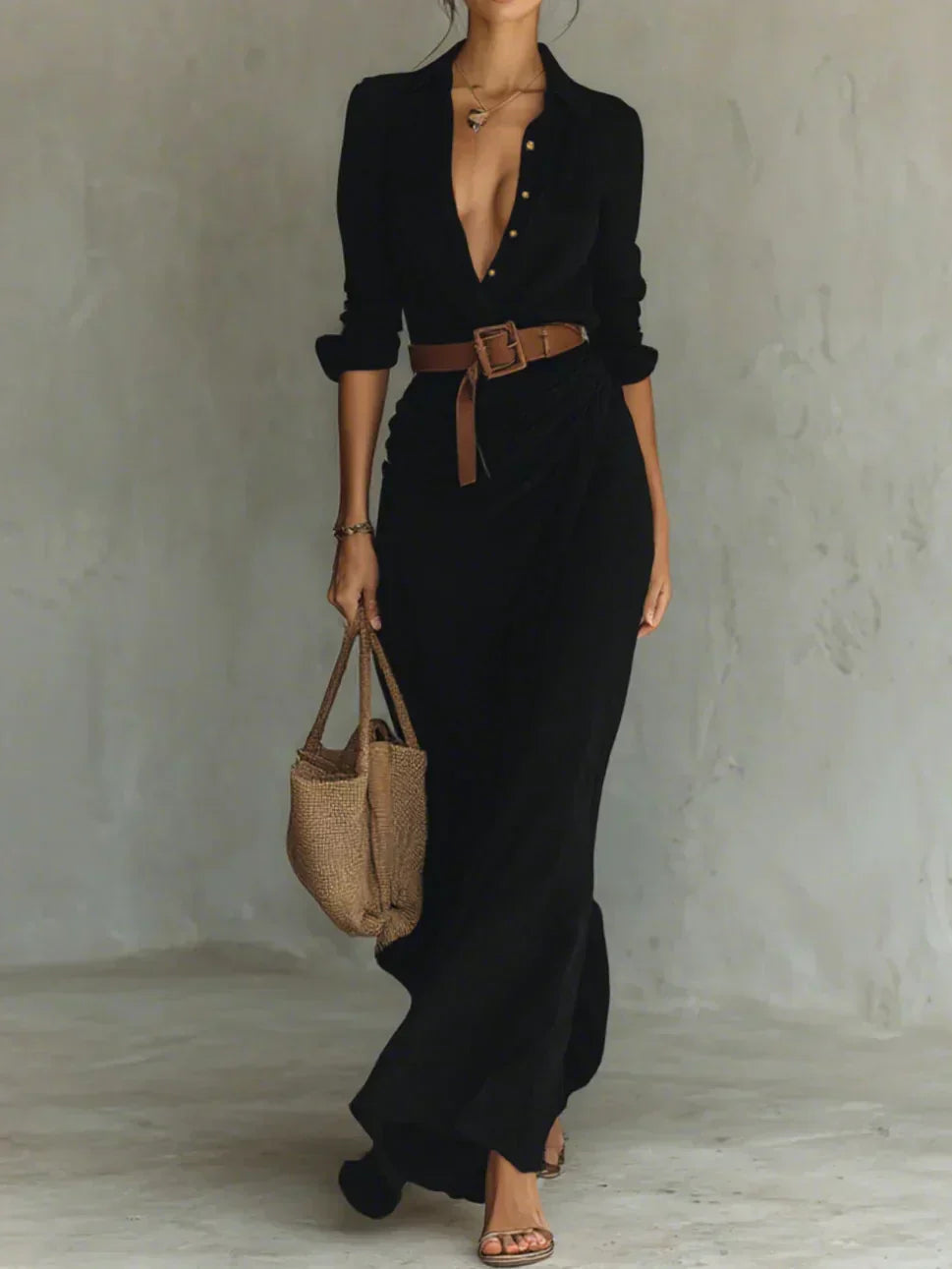 Camille | Robe Maxi à Revers et Ceinture Taille