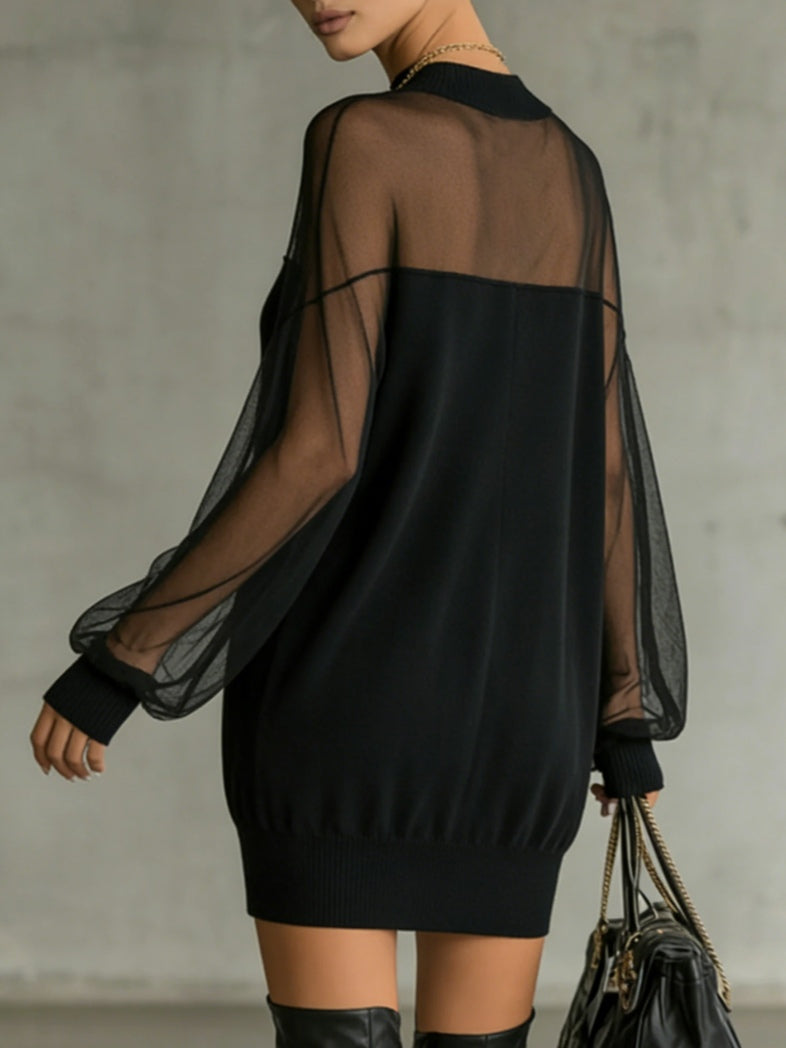 Amélie | Élégante Mini-Robe Noire à Manches en Résille