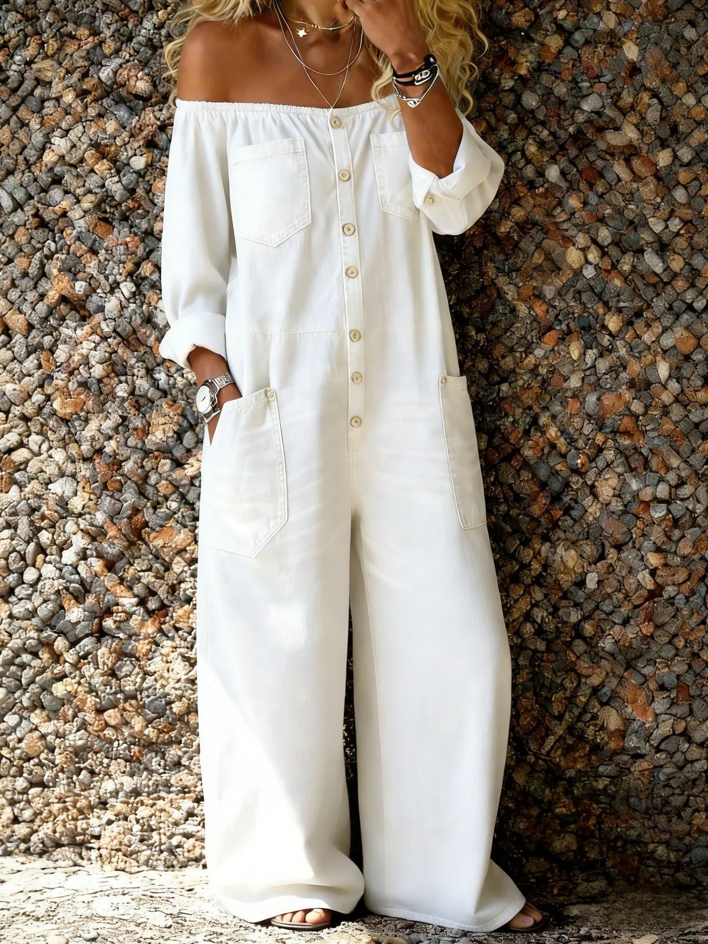 Noa | Combinaison en denim à encolure Bardot