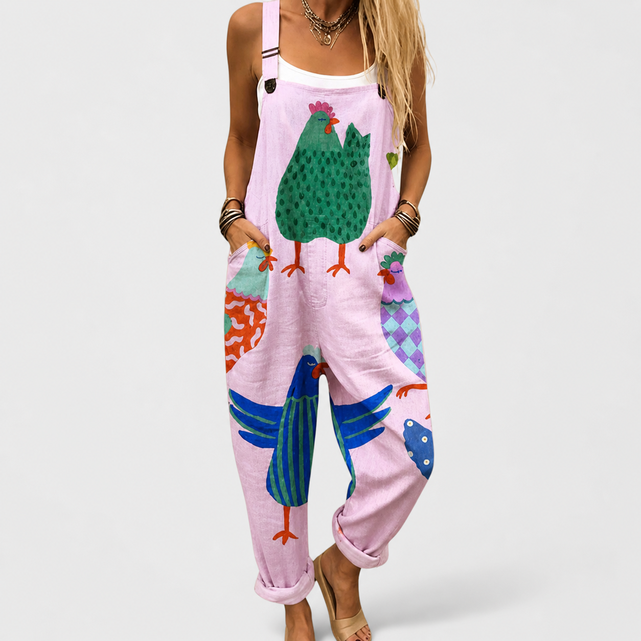 Salopette Poules Folk Rose