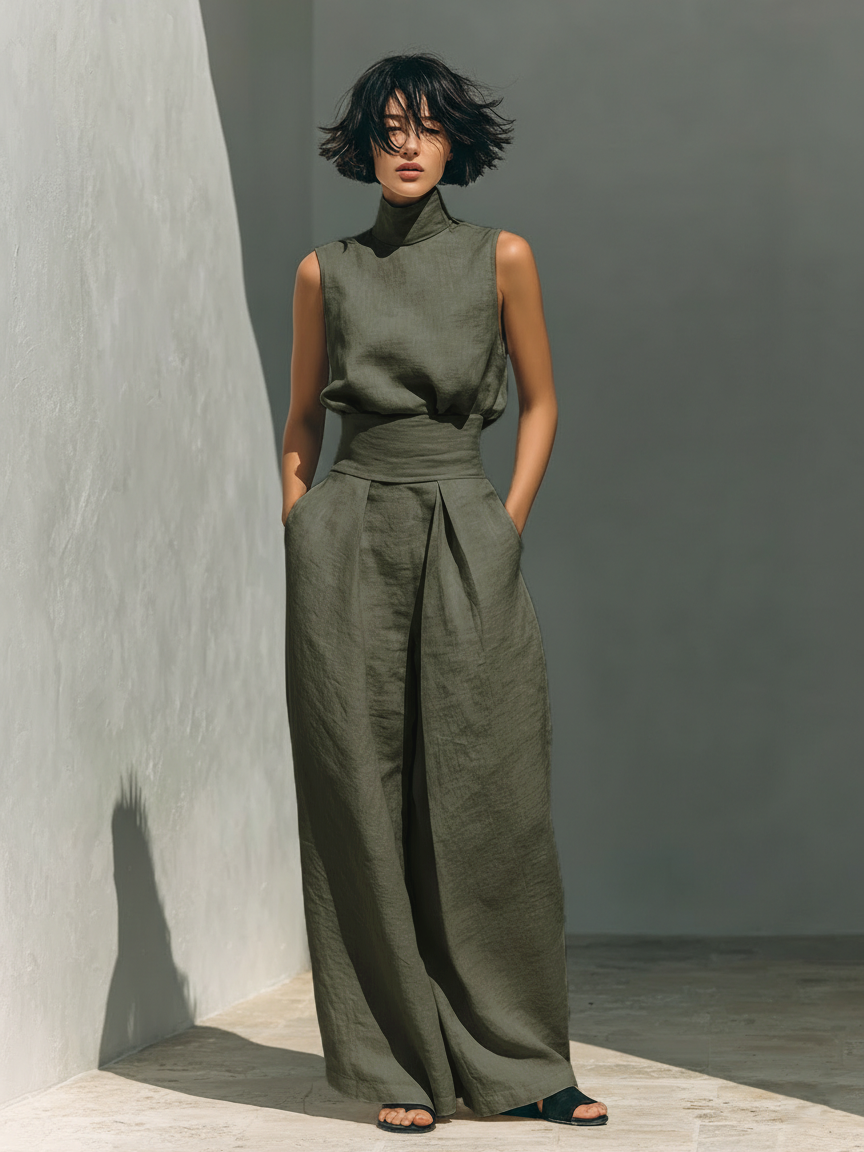 Maria | Ensemble Complet Top à Bretelles et Pantalon Large en Coton et Lin
