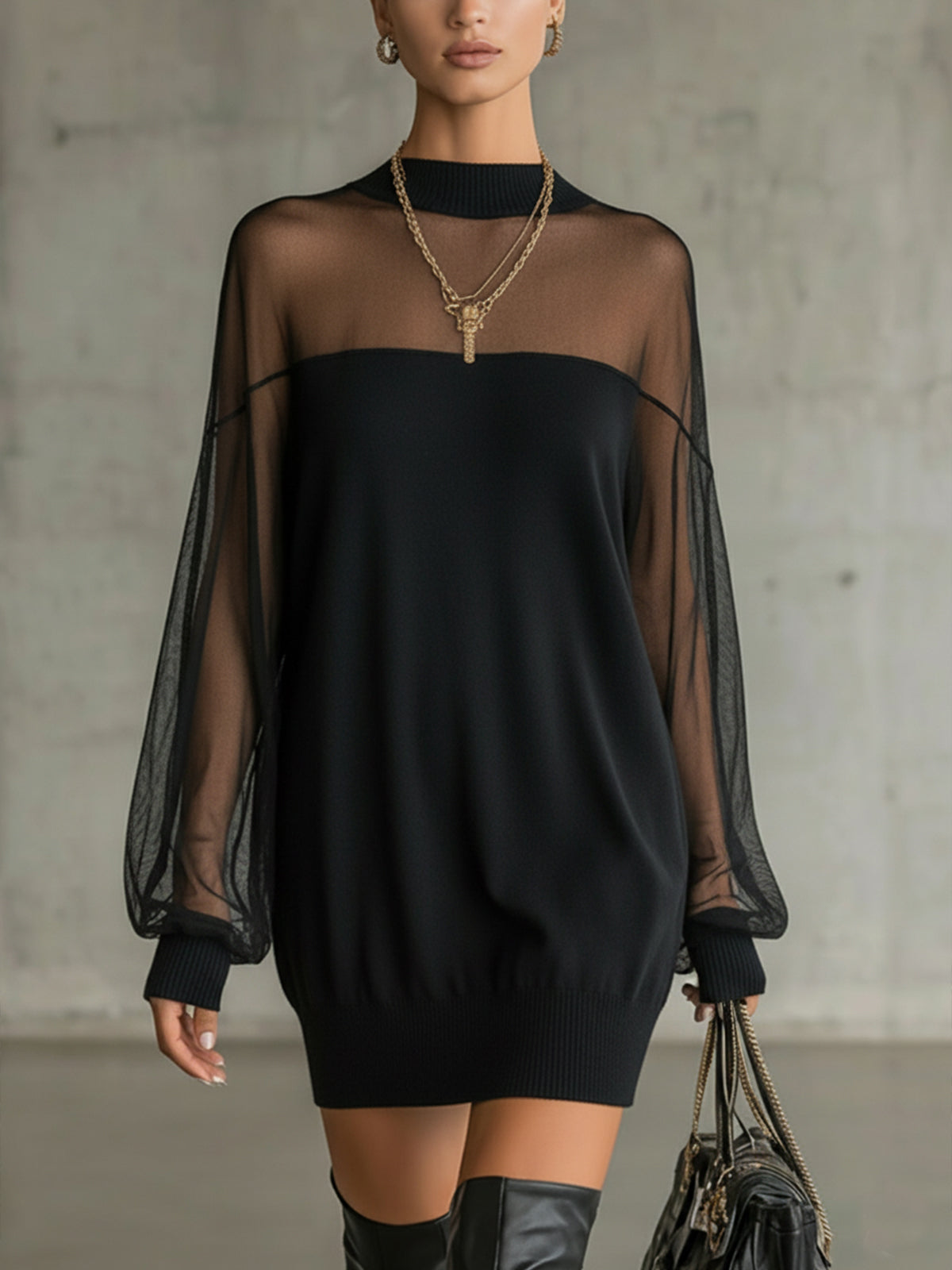 Amélie | Élégante Mini-Robe Noire à Manches en Résille