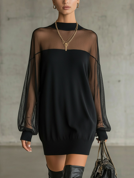 Amélie | Élégante Mini-Robe Noire à Manches en Résille