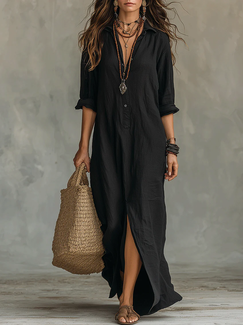 Soline | Robe Maxi Noire Longue à Boutons