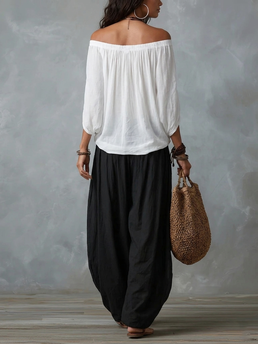 EMILIA · Ensemble avec haut blanc épaules dénudées et pantalon large ballon