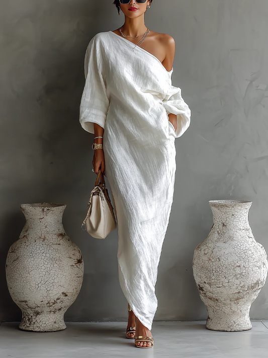 Elise | Élégante Robe Maxi Asymétrique Blanche