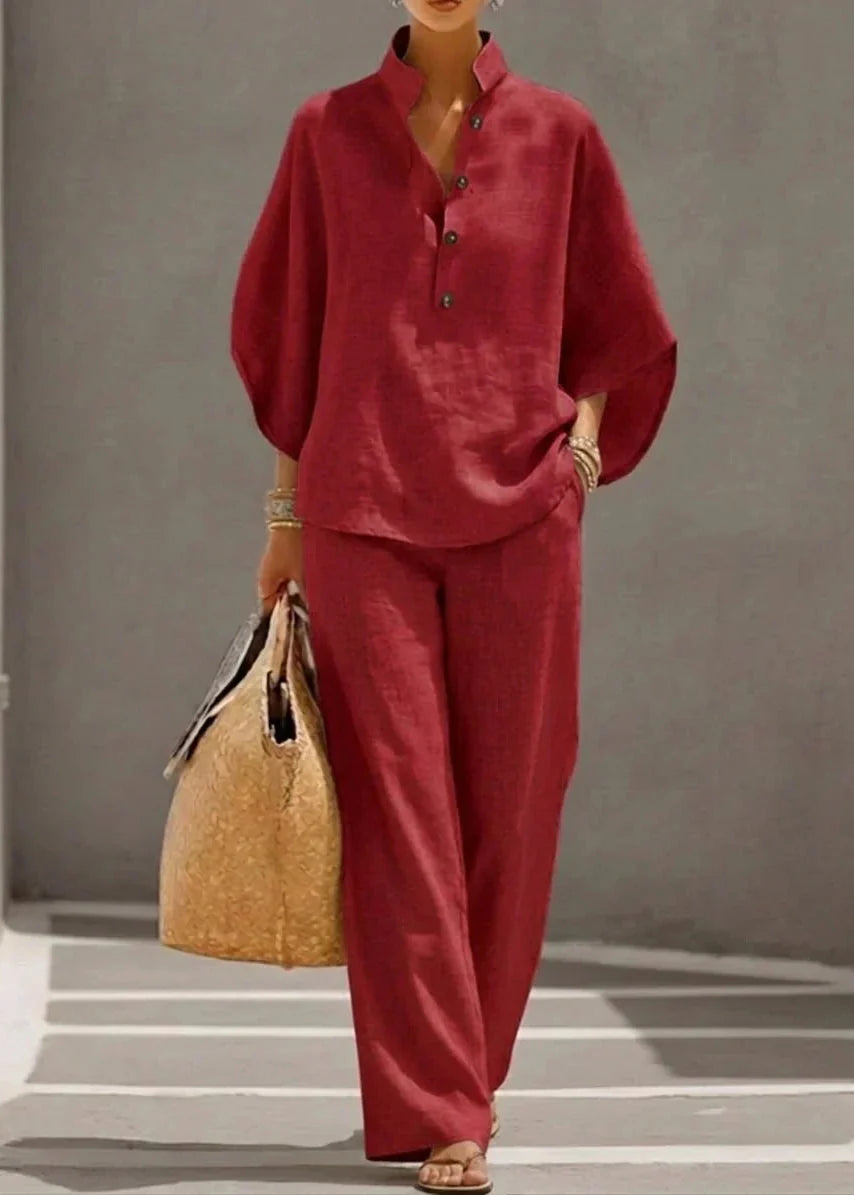 Maribel | Ensemble en lin à manches chauve-souris et pantalon large