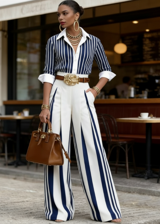 Lucia | Ensemble femme rayé avec chemise et pantalon large